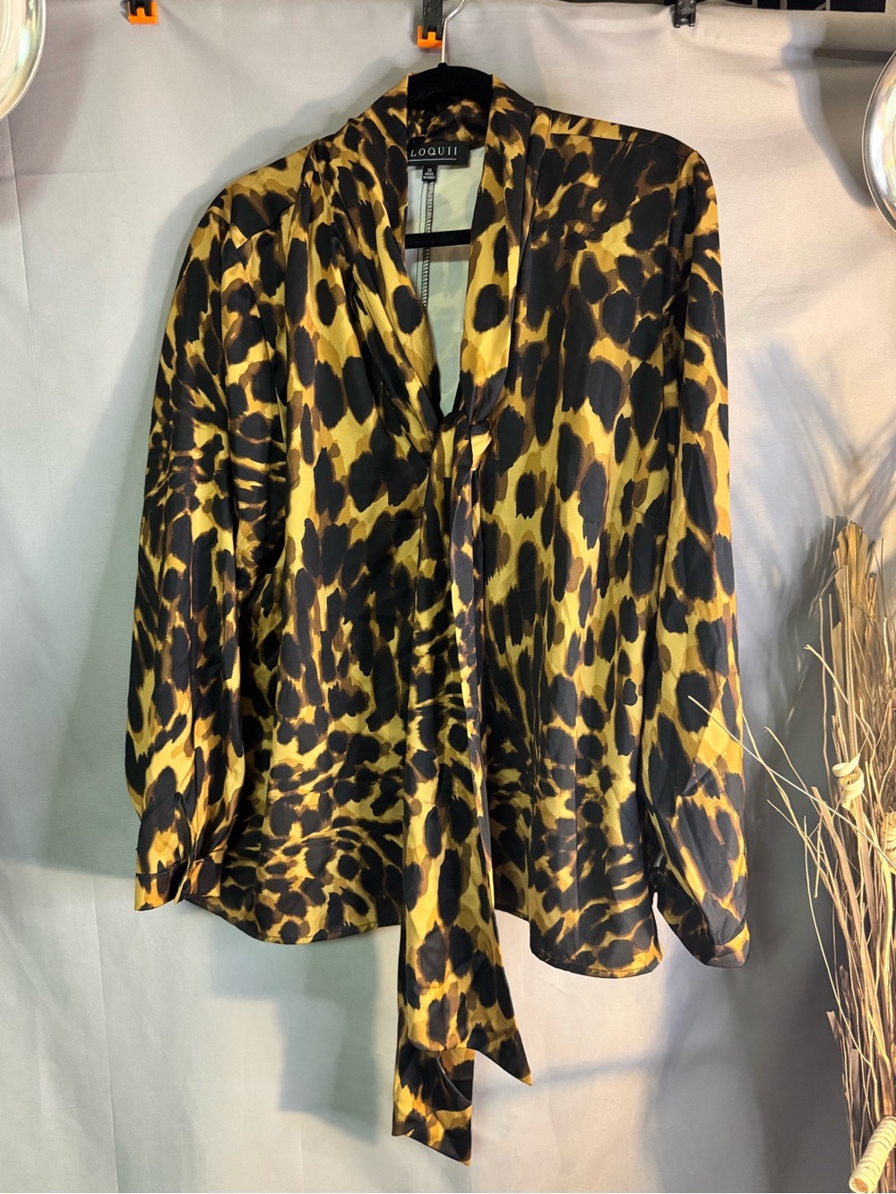 Eloquii Yellow and Black Leopard Tie-Neck Blouse